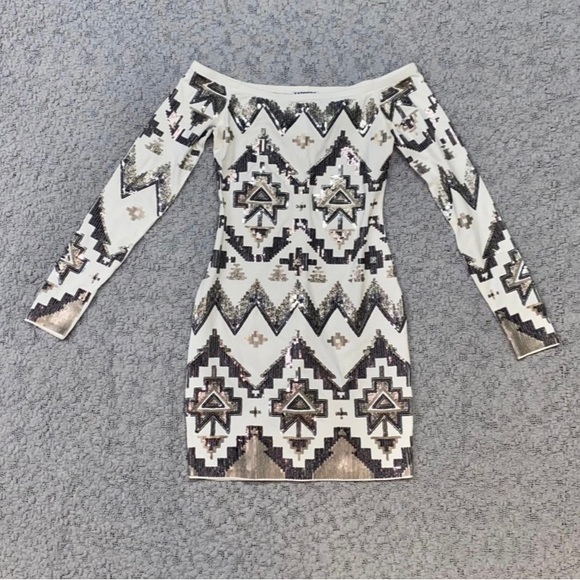 NWT Express White Off The Shoulder Sequin Dress - Picture 2 of 8